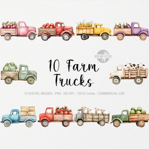 10 Bauernhof LKW Cliparts, niedlicher Bauernhof PNG, Aquarell, Lebensmittel Erntewagen, Transport, kleiner Bauer, Scheune, Sublimation, Kinderzimmer Dekor Junge