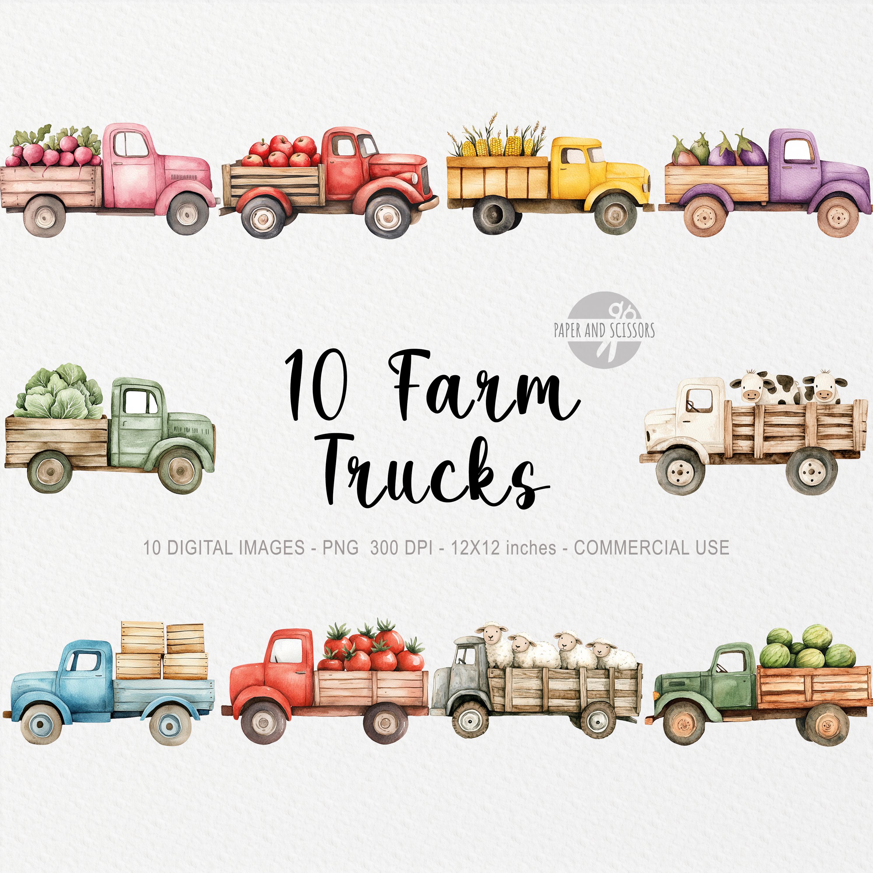 10 Farm Truck Cliparts, Cute Farm PNG, Akwarela, Grocery Harvest Truck, Transport, Mały Farmer, Stodoła, Sublimacja, Wystrój Przedszkola Chłopiec