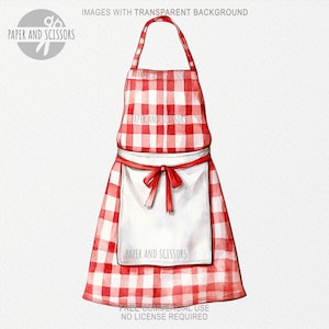May include: Red and white checkered apron with a white bib and a red bow. The apron is made of a soft, watercolor-like fabric.