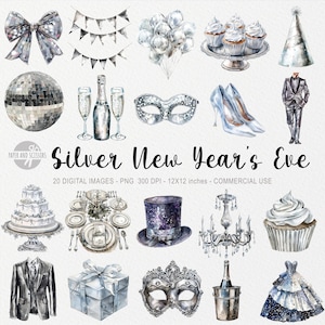 20 ClipArts de Véspera de Ano Novo de Prata, Sublimação de NYE, Ilustração de festa de 2025, Bola de discoteca em aquarela, Balões, Laço, Máscara, Champanhe, Decoração de NYE