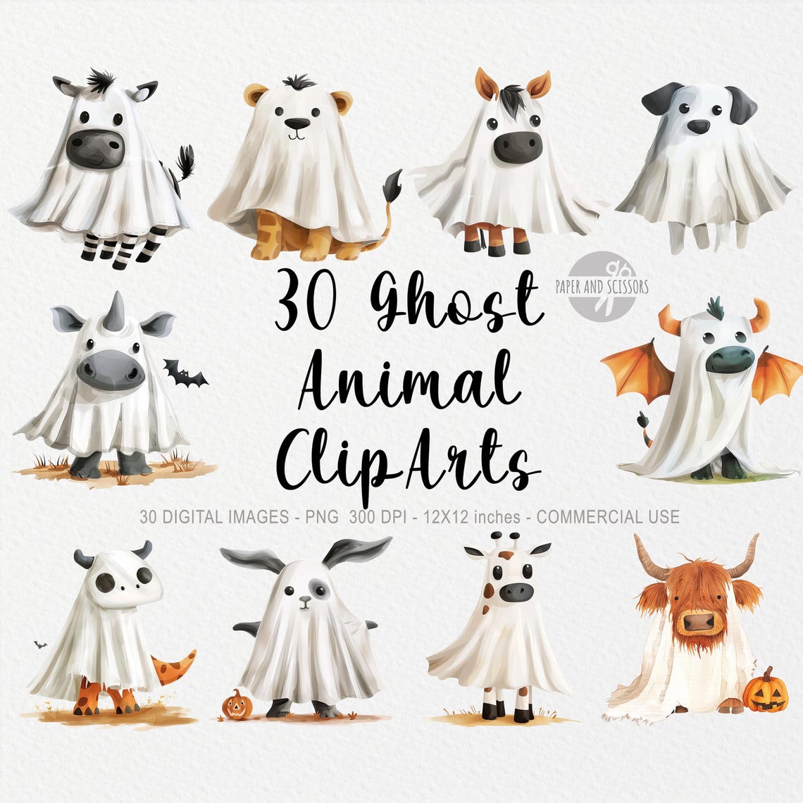 30 Ghost Animal Cliparts, Halloween PNG, Fall Design PNG, Watercolor ...
