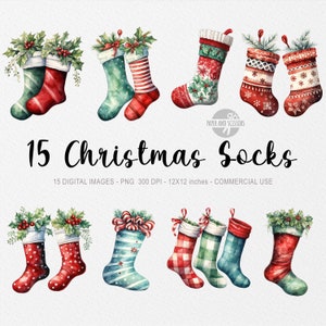 15 Chaussettes de Noël ClipArt, Aquarelle Chaussettes de Noël PNG, Bas de Noël, ClipArt de Noël, Art mural de Noël, Gui, Houx, Arc