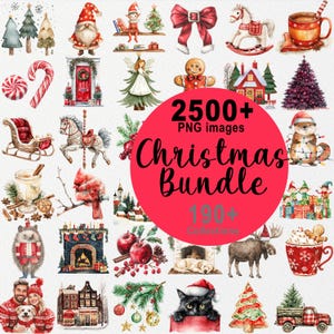 2500+ kerst en winter png-clipart, aquarel december decorbundel, winterseizoen png, vakantie, kerstman, doe-het-zelfkalender, sneeuwpop, kerstbal