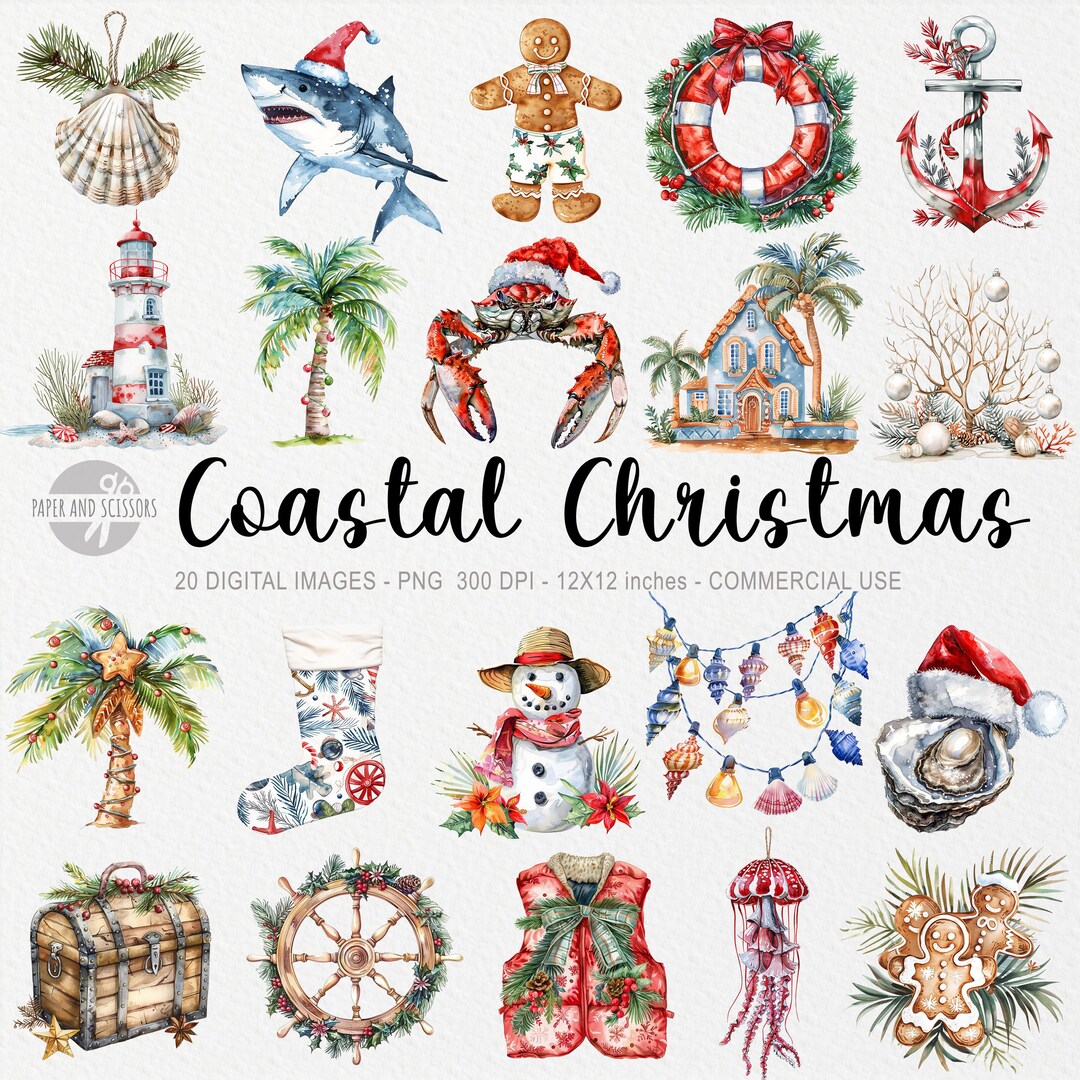 20 Coastal Christmas Cliparts Watercolor Stickers Beach Nautical 20 Coastal Christmas Cliparts Watercolor Stickers Beach Nautical