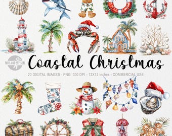 Puede incluir: Un conjunto de 20 ilustraciones digitales de acuarela con un tema navideño costero. Las imágenes incluyen un hombre de jengibre, un muñeco de nieve, un faro, una palmera, un cangrejo, una casa, un salvavidas, un ancla, una media, una corona, una concha, una ostra, una medusa, un chaleco salvavidas, un timón, un cofre y una cadena de luces.