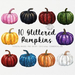 May include: Ten digital images of glittered pumpkins in various colors, including pink, black, red, green, yellow, purple, red, blue, orange, and white. Each pumpkin is approximately 12 inches in diameter.
