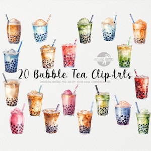 20 Bubble Tea ClipArt, Bubble Tea PNG, Aquarel Bubble Drink, Boba Tea Png, Aardbei, Bosbes, Koffie, Drinks PNG, Voedsel PNG, Thee png