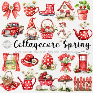 May include: A set of 20 digital images featuring cottagecore spring designs. The images include a red truck, a gnome, a teapot, a goose, a house, a window, a basket, a mushroom, a fence, a watering can, a wheelbarrow, a hat, an egg, a bouquet of tulips, and a door. All of the images are in a red and white polka dot pattern.