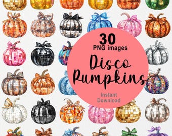 30 imágenes prediseñadas de calabaza de discoteca, Halloween, diseño otoñal PNG, ilustración acogedora de otoño, sublimación de otoño, licencia comercial, descarga instantánea