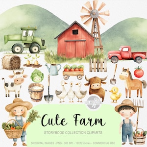 50 Cute Farm ClipArts, Watercolor Storybook PNG, Cottage Life, Cute Animals, Nursery, Baby Shower, Commerical License, Easy Download