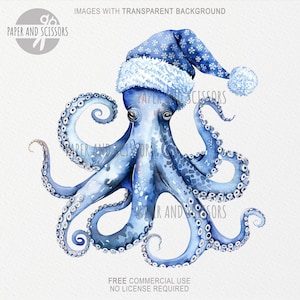 May include: A blue watercolour octopus wearing a blue and white Santa hat with snowflakes. The octopus has eight tentacles with white circles on them.