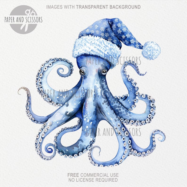 May include: A blue watercolour octopus wearing a blue and white Santa hat with snowflakes. The octopus has eight tentacles with white circles on them.