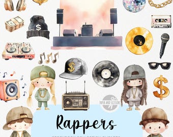30 niedliche Rapper ClipArt, Aquarell, Kinderbuch, Musikalische Kinderzimmer, Hip Hop, Geburtstagseinladung & Dekor, sofortiger Download, kommerzielle Lizenz