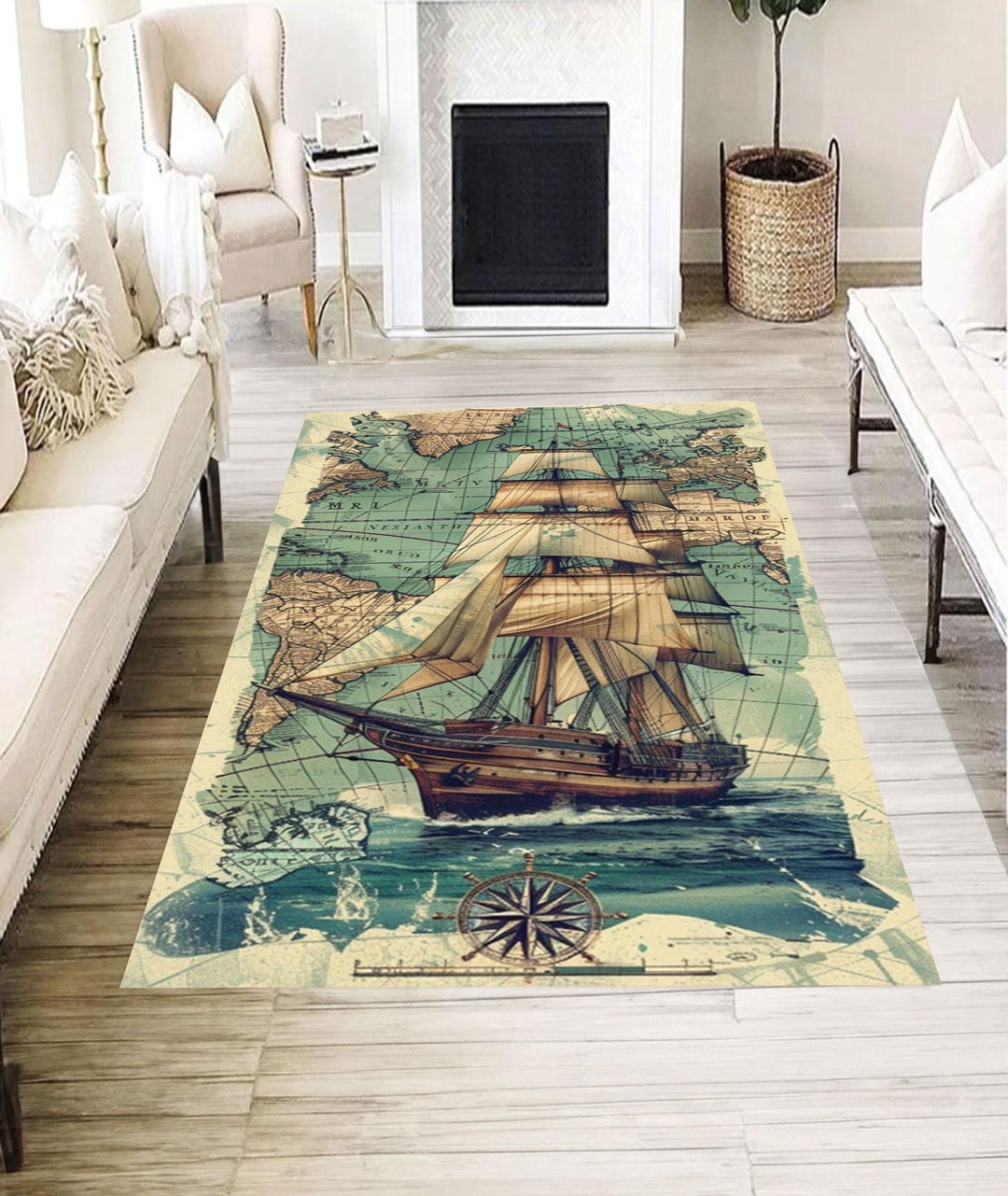 Vintage Ship Rug, Nautical Decor, World Map Carpet, Maritime Theme ...