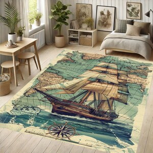 Vintage Schiffsteppich, Maritimes Dekor, Weltkartenteppich, maritimes Thema, waschbarer Teppich, rutschfeste Matte, Ozeanstil, Seemannszimmerteppich, Abenteuerdeko