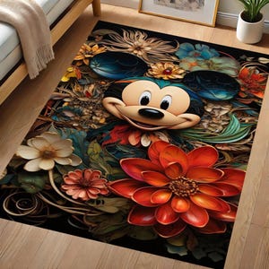 Mickey-Inspired Design,Colorful Cartoon Rug,Washable Kids Carpet,Non-Slip Backing,  Playroom Rug,Nursery Mat,Fun Flower Decor, Gift for kids