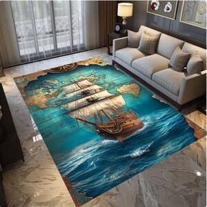 Tapis de bateau à voile, décoration de carte nautique vintage, tapis d'aventure boussole, tapis lavable, tapis antidérapant, tapis sur le thème de l'océan pour les intérieurs côtiers