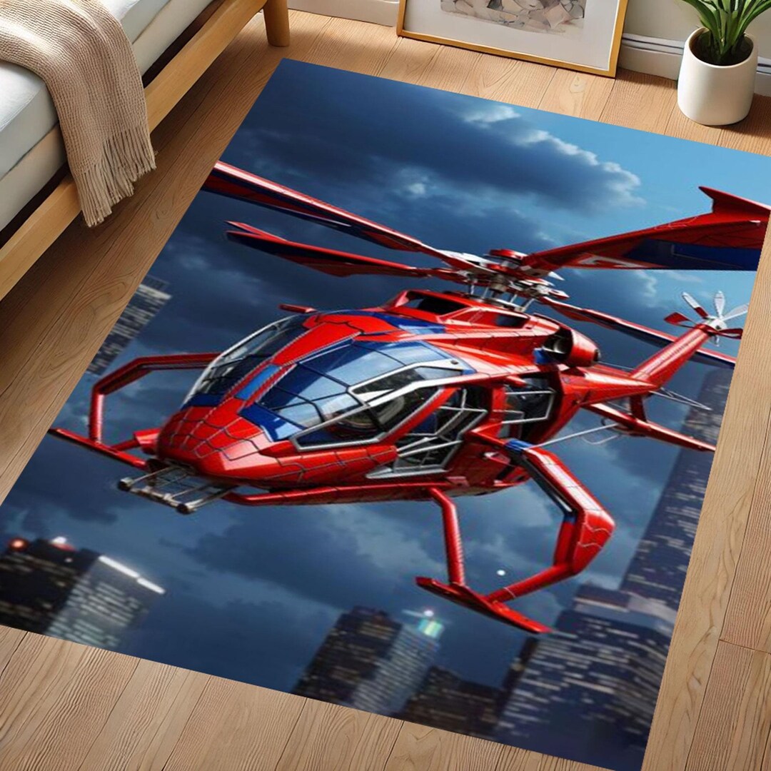 Spider-man Helicopter Rug, Superhero City Skyline Carpet, Soft Washable ...