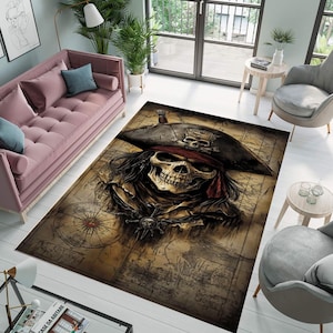 Alfombra de esqueleto pirata, alfombra de calavera gótica, lavable, antideslizante, decoración de mapa pirata, alfombra de fantasía oscura, para sala de estar o sala de juegos.