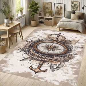 Tapis boussole nautique, décoration aventure corde d'ancre, tapis de sol carte vintage, tapis lavable, tapis antidérapant, décoration de salon côtier