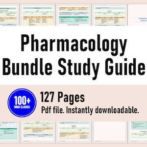 May include: A colorful digital download study guide for pharmacology with the text "Pharmacology Bundle Study Guide" and "100+ Drug Classes" and "127 Pages" and "Pdf file. Instantly downloadable."