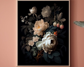 Printable Wall Art, Dark Floral Print, Peony Painting, Dark Academia Decor, Dark Botanical, Coquette, Dark Cottagecore, Moody Floral Print