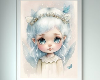 Printable Wall Art, Fairycore, Blue Fairy, Fairy Nursery Art, Fairytale Wall Art, Fairy Print, Kawaii Room Decor, Commercial Use Fairy Art