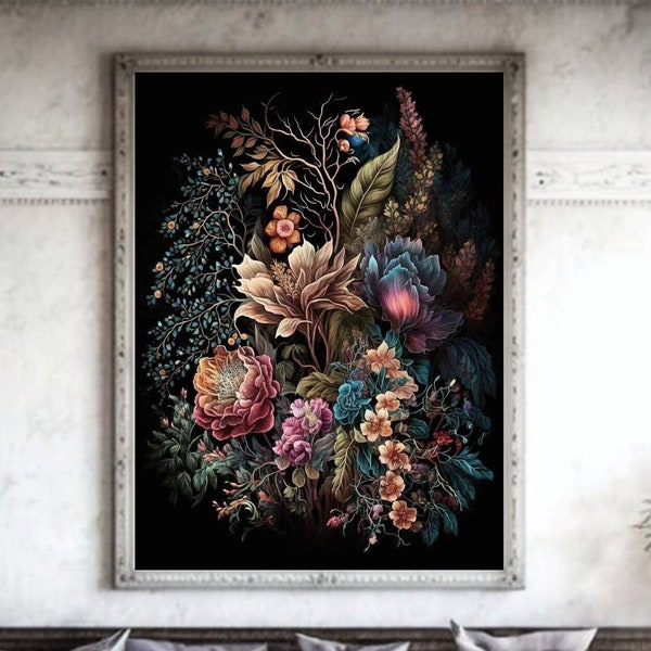 Printable Wall Art, Jewel Tone Wall Art, Dark Academia Decor, Dark Cottagecore Decor, Boho, Moody Floral Print, Dark Coquette Room Decor