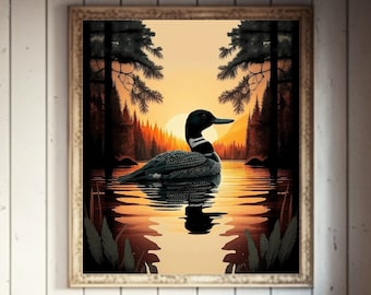 Printable Wall Art, Loon Lake, Loon Digital Download, Common Loon, Loon Print, Custom Lake Art, Lake Cabin Decor, Cabin Artwork, Loon Decor