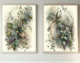 Ensemble d’art imprimable de 2, Art méditerranéen, Bloomcore, Ensemble d’art mural vert sauge, Estampes du marché aux fleurs, Art mural de verdure, Art mural Cottagecore