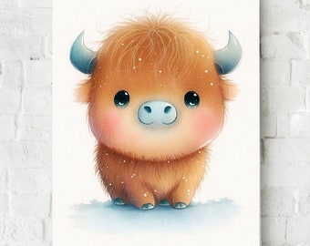 印刷可能な壁アート、ハイランド牛の赤ちゃん、ハイランド牛の壁アート、牛の保育園、ハイランド牛のプリント、牛のギフト、かわいいスコットランドの牛、商業利用