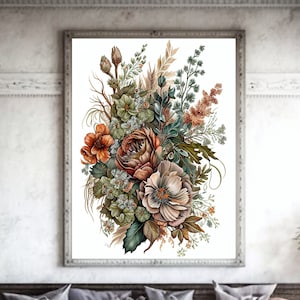 Puede incluir: Una impresión artística floral enmarcada que presenta una ilustración detallada en acuarela de un ramo. El ramo incluye flores y follaje de color naranja, marrón y verde. La obra de arte se exhibe en un salón con un sofá y muebles de madera.