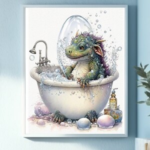 Printable Wall Art, Pet Dragon Bathroom Art, Dragon Wall Art, Baby Dragon Print, Dragon Room Decor, Animal in Bathtub, COMMERCIAL USE ART