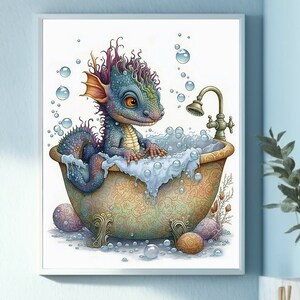 Printable Wall Art, Baby Dragon Bathroom Decor, Dragon Wall Art, Baby Dragon Print, Dragon Room Decor, Animal in Bathtub, COMMERCIAL USE ART