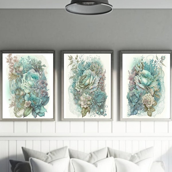 Printable Wall Art Set, 3 Piece Wall Art, Seafoam Boho Floral, Light Blue and Green Floral Art, Three Piece Wall Art, Gallery Wall Bundle