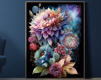 Arte de pared imprimible, impresión de arte de pared floral psicodélico, arte de pared de tono joya, arte rave, arte de pared funky, estampado floral de arte pop, arte psicodélico