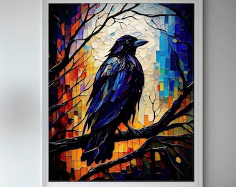 Afdrukbare kunst, Whimsigoth, Moonlight Raven, Raven Print, Raven Decor, Raven Wall Art, Black Raven Schilderij Poster, Edgar Allen Poe Style Art