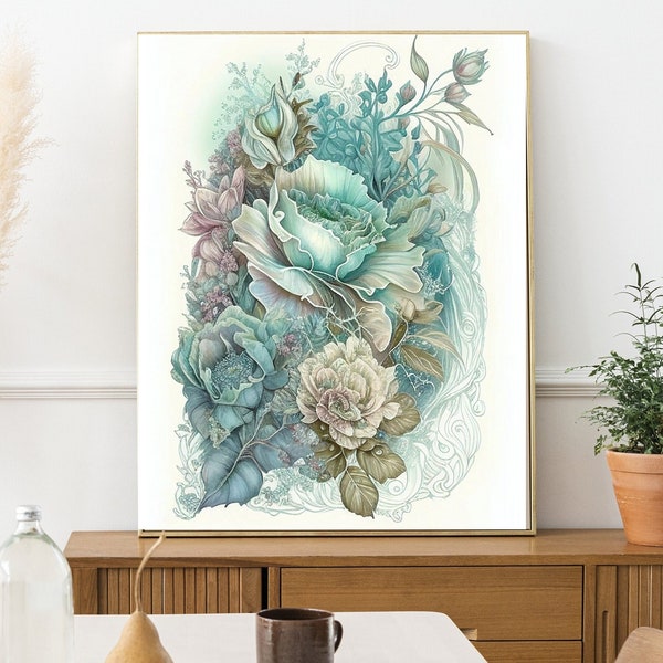 Printable Wall Art, Seafoam Boho Floral Style 2, Light Blue and Green Floral Art, Relaxing Wall Art, Zen Wall Art, Spa Wall Art, Calming Art