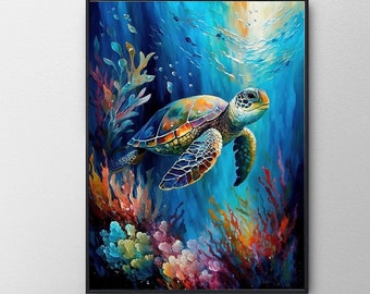Arte de pared imprimible, arte de tortugas marinas, regalos para amantes de las tortugas, arte abstracto del océano, cartel de tortugas marinas, decoración del océano, arte de la casa de playa, impresión de arte de coral