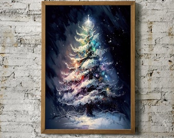 Árbol de Navidad vintage, arte mágico de Navidad, impresión nostálgica, Navidad colorida, luces de árbol, impresión de nevadas, encantador, arte de pared digital