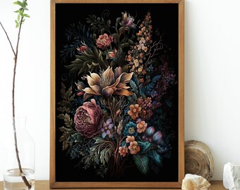 Printable Wall Art, Moody Floral Art, Dark Botanical Print, Dark Floral Wall Art, Dark Floral Print, Dark Academia, Boho Modern Wall Art