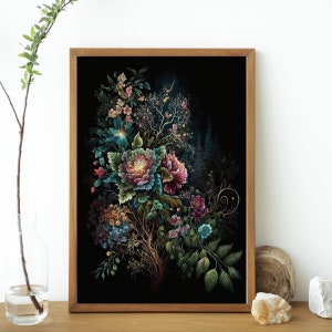 Printable Wall Art, Moody Floral Art, Dark Botanical, Dark Floral Wall Art, Jewel Tone Wall Art, Dark Floral Print, Boho Modern Wall Art, Rainbow Floral Art Print, Jewel Tones Wedding Floral Print, Feminine Wall Art, Girly Wall Art, Trendy Floral Art