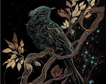 Afdrukbare muurkunst, smaragdgroen decor, Ravenkunst, betoverd bos, donkere Academia prints, Edgar Allen Poe, natuur geïnspireerd, Raven decor