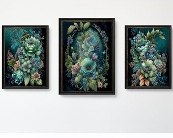 Utskrivbara trio-konsttryck, digitalt nedladdningsbart set med suckulenta blommor, tredelad väggkonst, salviagrön väggkonst, salviagröna tryck, 3-delat set