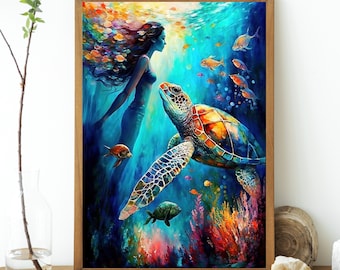 Printable Wall Art, Mermaid Decor, Sea Turtle Lover Gift, Mermaidcore, Abstract Ocean Art, Sea Turtle Art, Beach House Wall Art, Ocean Print
