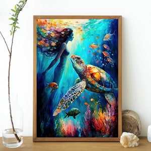 Printable Wall Art, Mermaid Decor, Sea Turtle Lover Gift, Mermaidcore, Abstract Ocean Art, Sea Turtle Art, Beach House Wall Art, Ocean Print