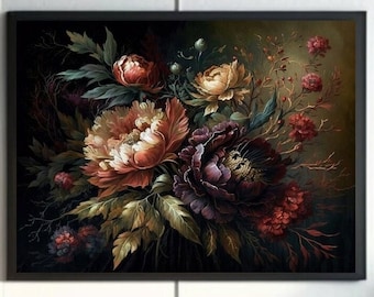 Printable Wall Art, Dark Academia Decor, Dark Floral Print, Dark Coquette Art, Moody Floral Print, Dark Cottagecore Decor, Peony Painting