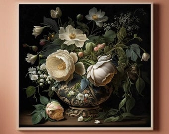 Printable Wall Art, Baroque Art Print, Peony Painting, Dark Academia Decor, Dark Botanical, Coquette, Dark Cottagecore, Moody Floral Print