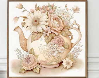 Printable Art, Coquette Room Decor, Teapot, Floral Kitchen Art, Cottagecore Room Decor, Shabby Chic, Cottage Core Room, Feminine Wall Art