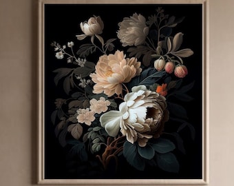 Printable Art, Dark Botanical Print, Peony Painting, Dark Academia Print, Dark Cottagecore Decor, Moody Floral Print, Dark Academia Decor